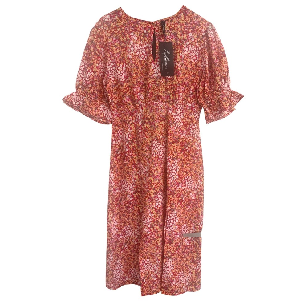 Influence Women's 14 Red Orange Floral Puff Sleeve Midi Dress Open Back NWT